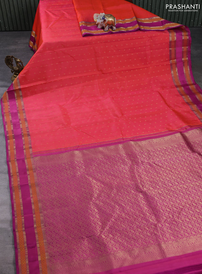 Pure kanchipuram silk saree peach orange and magenta pink with allover zari woven 1000 buttas and rettapet thread & zari woven border