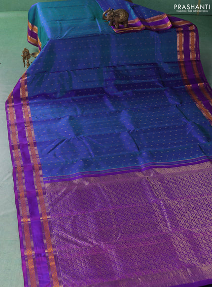 Pure kanchipuram silk saree dual shade of bluish green and purple with allover zari woven 1000 buttas and rettapet thread & zari woven border