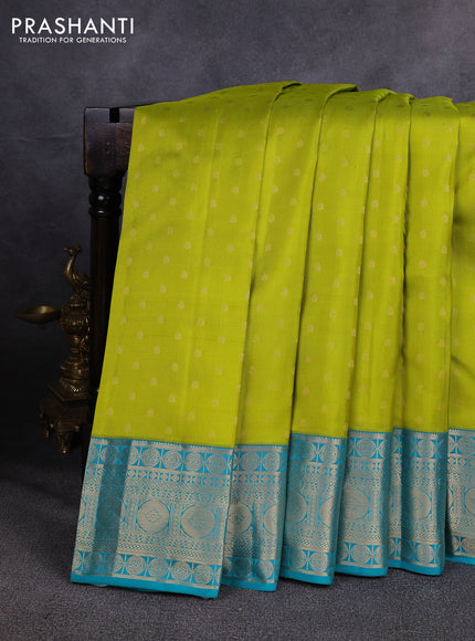 Pure kanchipuram silk saree lime green and teal green with allover zari woven 1000 buttas and zari woven korvai border