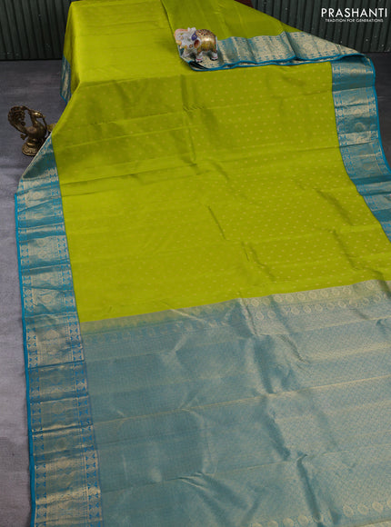 Pure kanchipuram silk saree lime green and teal green with allover zari woven 1000 buttas and zari woven korvai border