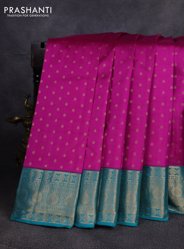 Pure kanchipuram silk saree pink and teal blue with allover zari woven 1000 buttas and zari woven border