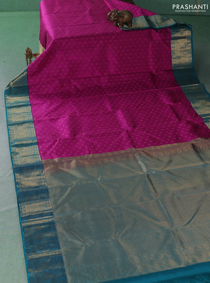 Pure kanchipuram silk saree pink and teal blue with allover zari woven 1000 buttas and zari woven border