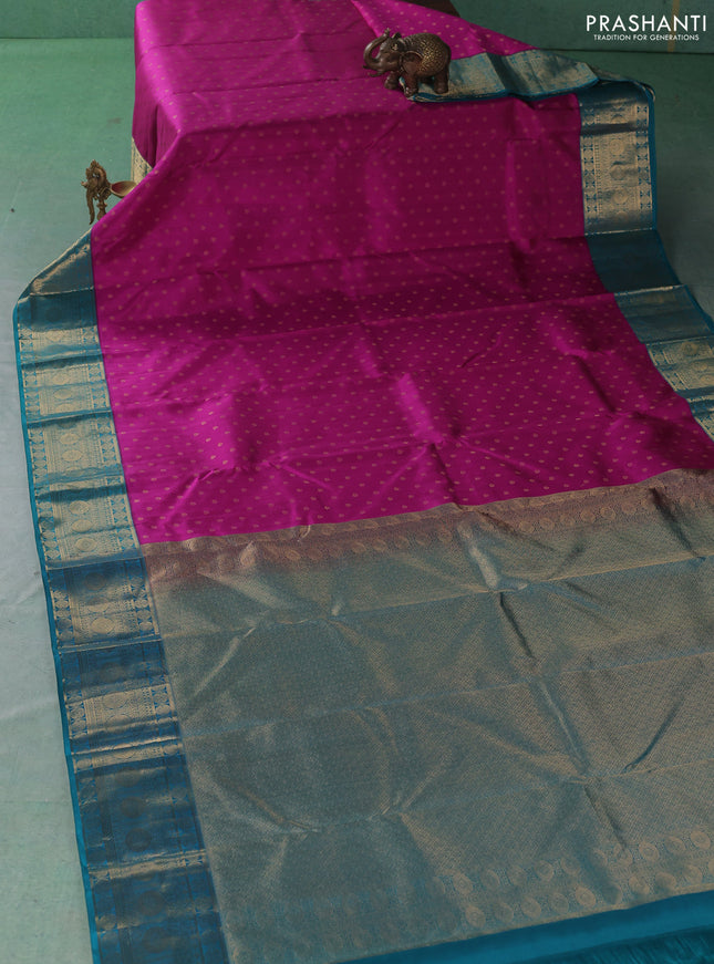 Pure kanchipuram silk saree pink and teal blue with allover zari woven 1000 buttas and zari woven border