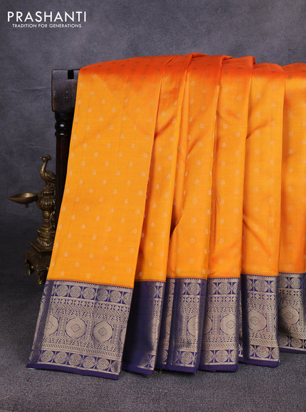 Pure kanchipuram silk saree mango yellow and navy blue with allover zari woven 1000 buttas and zari woven border