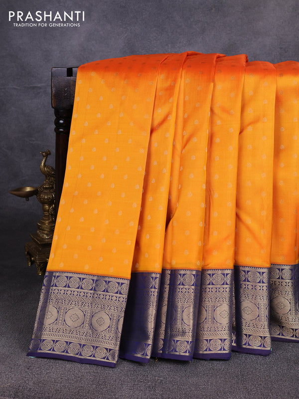 Pure kanchipuram silk saree mango yellow and navy blue with allover zari woven 1000 buttas and zari woven border