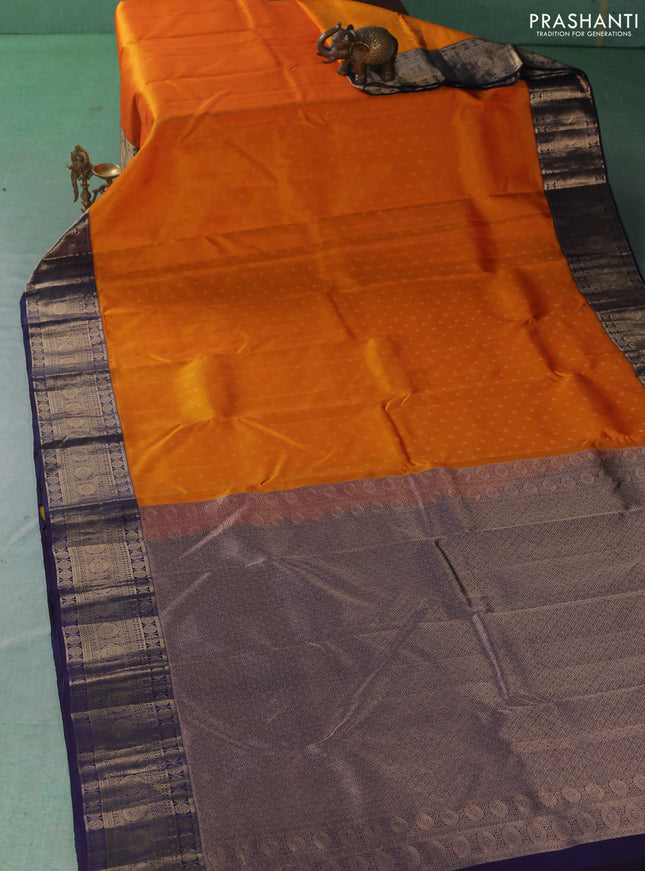 Pure kanchipuram silk saree mango yellow and navy blue with allover zari woven 1000 buttas and zari woven border