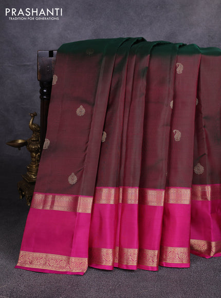 Pure kanchipuram silk saree dual shade of green and pink with zari woven buttas and rettapet zari woven border