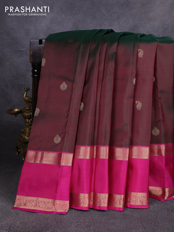 Pure kanchipuram silk saree dual shade of green and pink with zari woven buttas and rettapet zari woven border