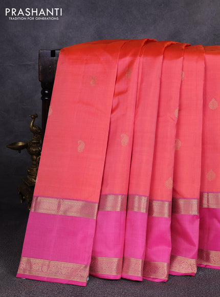 Pure kanchipuram silk saree peach orange and pink with allover zari woven buttas and rettapet zari woven border