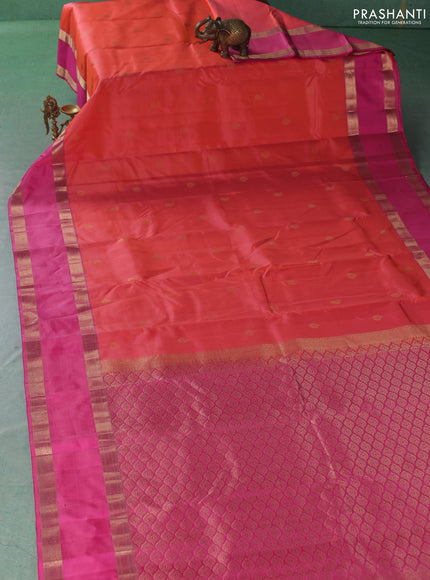 Pure kanchipuram silk saree peach orange and pink with allover zari woven buttas and rettapet zari woven border