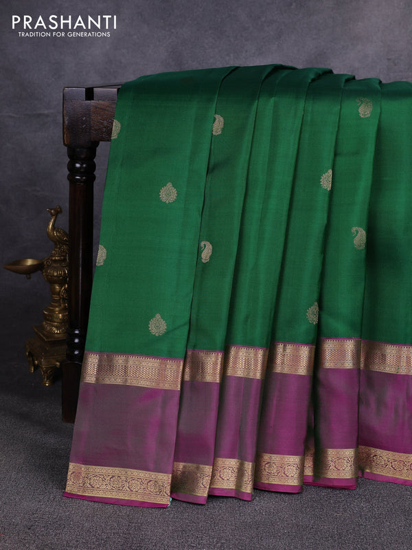 Pure kanchipuram silk saree green and purple with allover zari woven buttas and rettapet zari woven border