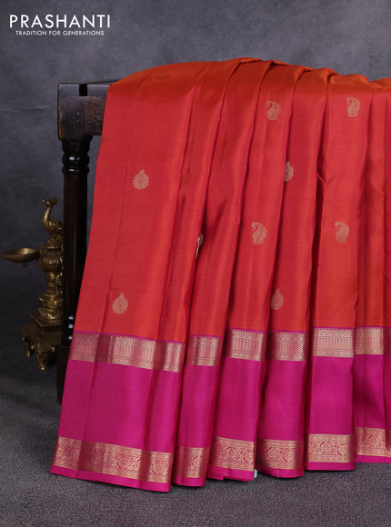Pure kanchipuram silk saree rust shade and magenta pink with zari woven buttas and rettapet zari woven border