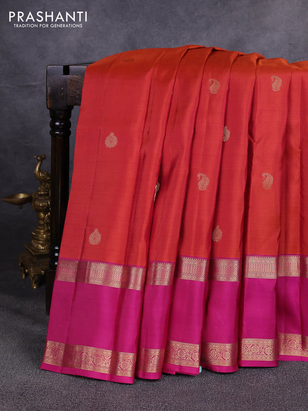 Pure kanchipuram silk saree rust shade and magenta pink with zari woven buttas and rettapet zari woven border