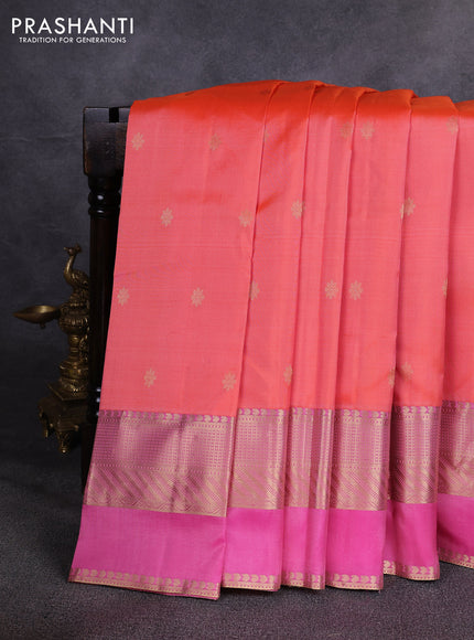 Pure kanchipuram silk saree peach orange and dual shade of pink with zari woven buttas and long zari woven border