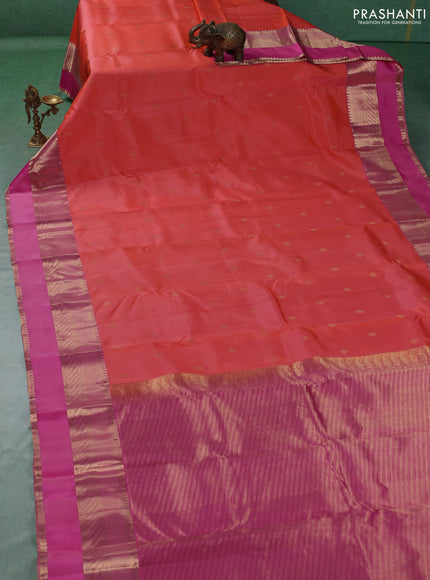 Pure kanchipuram silk saree peach orange and dual shade of pink with zari woven buttas and long zari woven border