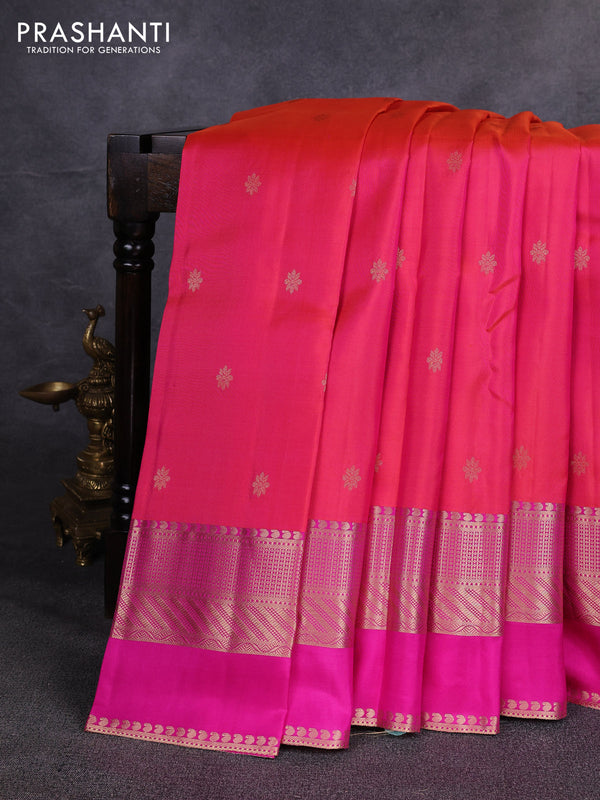 Pure kanchipuram silk saree dual shade of pinkish orange and pink with zari woven buttas and long zari woven border