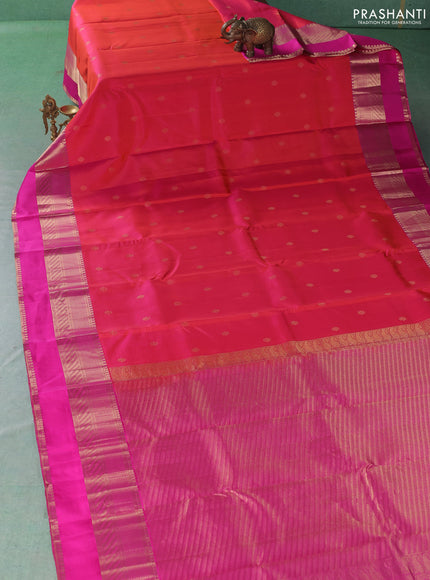 Pure kanchipuram silk saree dual shade of pinkish orange and pink with zari woven buttas and long zari woven border