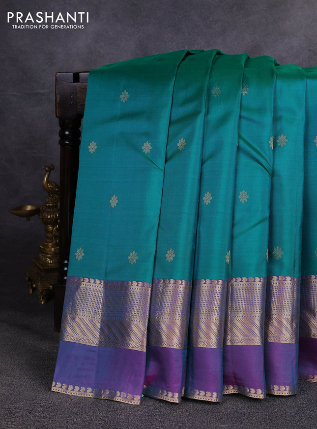 Pure kanchipuram silk saree teal green and purple with zari woven buttas and long zari woven border