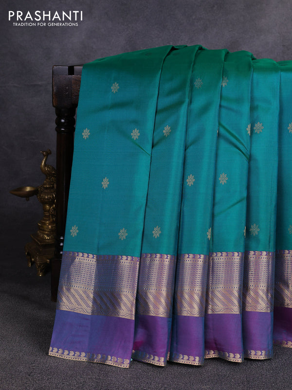 Pure kanchipuram silk saree teal green and purple with zari woven buttas and long zari woven border
