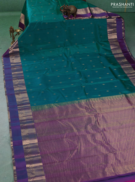 Pure kanchipuram silk saree teal green and purple with zari woven buttas and long zari woven border