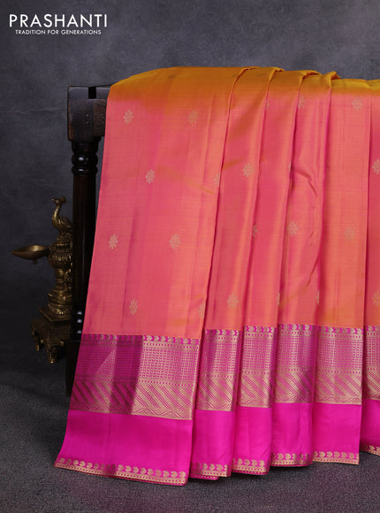 Pure kanchipuram silk saree dual shade of pinkish orange and pink with zari woven buttas and long zari woven border