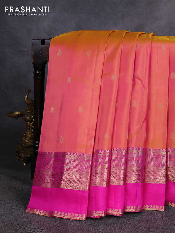 Pure kanchipuram silk saree dual shade of pinkish orange and pink with zari woven buttas and long zari woven border