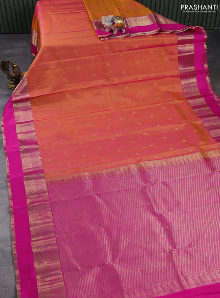 Pure kanchipuram silk saree dual shade of pinkish orange and pink with zari woven buttas and long zari woven border