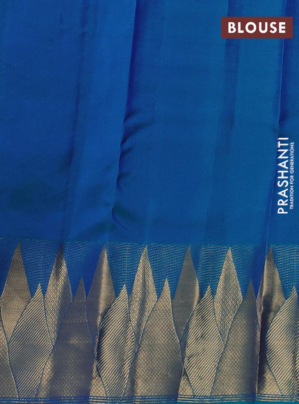 Pure kanchipuram silk saree dual shade of bluish green with allover zari woven buttas and temple design zari woven border