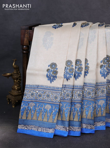 Pure tussar silk saree cream and blue with floral butta block prints and long blocked printed border