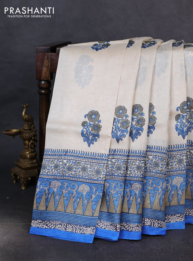 Pure tussar silk saree cream and blue with floral butta block prints and long blocked printed border