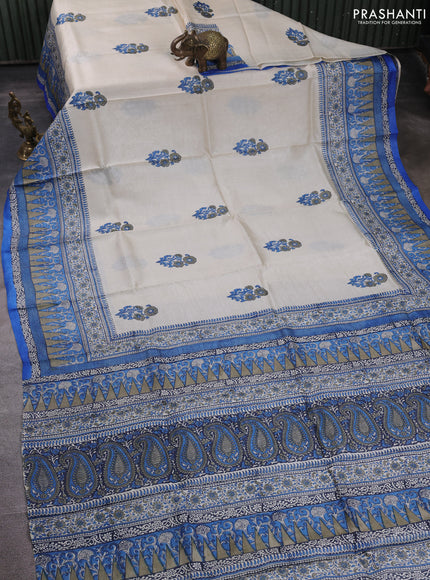 Pure tussar silk saree cream and blue with floral butta block prints and long blocked printed border