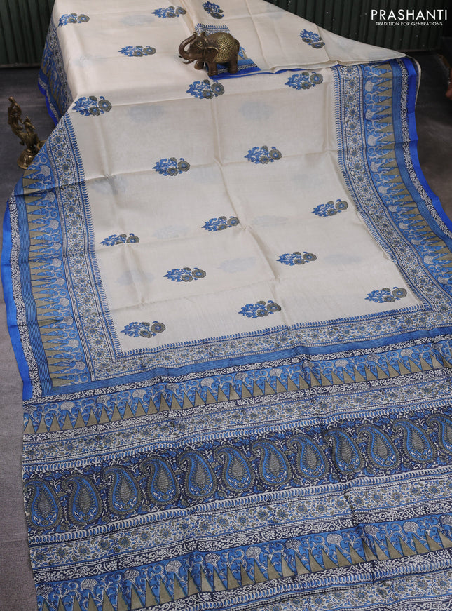 Pure tussar silk saree cream and blue with floral butta block prints and long blocked printed border