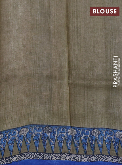 Pure tussar silk saree cream and blue with floral butta block prints and long blocked printed border