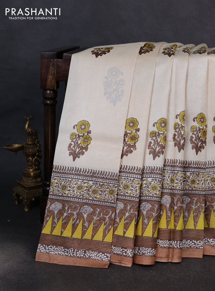 Pure tussar silk saree cream and pastel brown with floral butta block prints and long blocked printed border