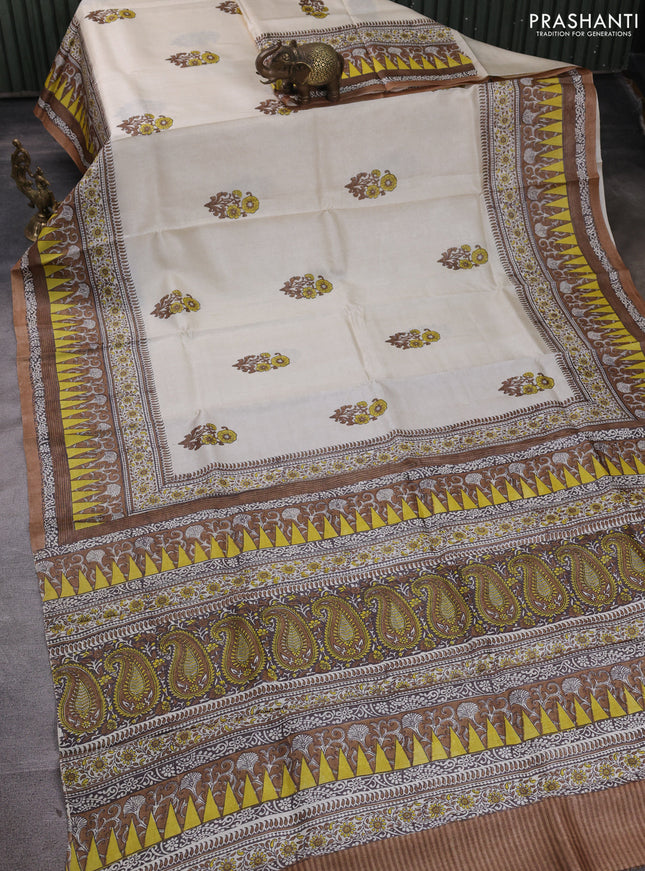 Pure tussar silk saree cream and pastel brown with floral butta block prints and long blocked printed border