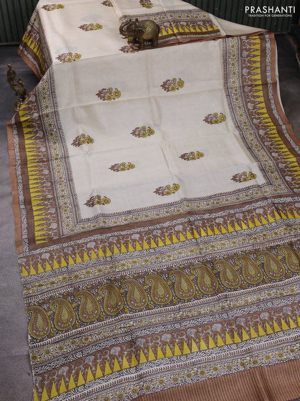 Pure tussar silk saree cream and pastel brown with floral butta block prints and long blocked printed border