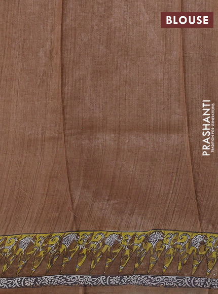 Pure tussar silk saree cream and pastel brown with floral butta block prints and long blocked printed border
