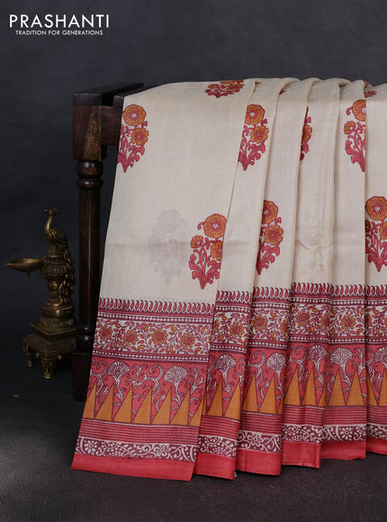 Pure tussar silk saree cream and red with floral butta block prints and long blocked printed border