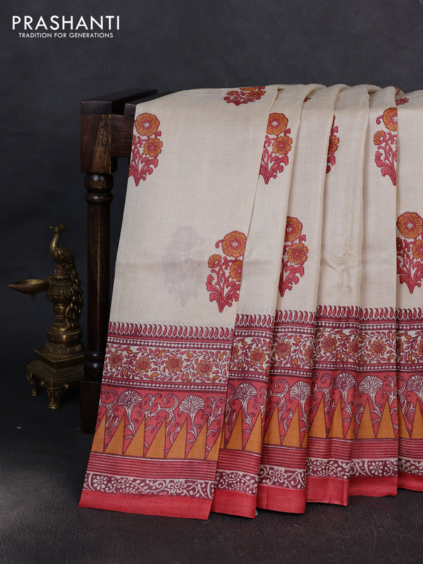 Pure tussar silk saree cream and red with floral butta block prints and long blocked printed border
