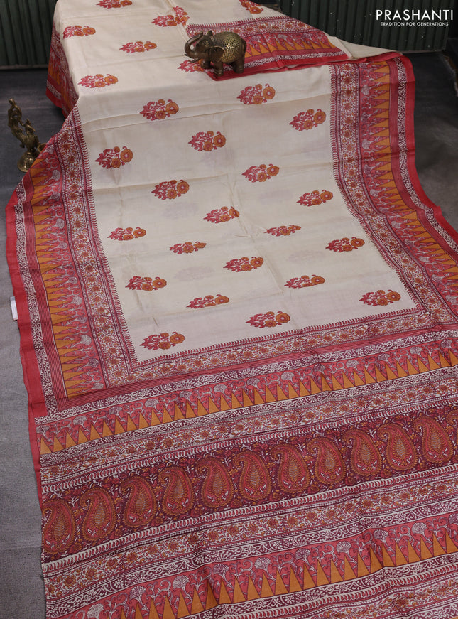 Pure tussar silk saree cream and red with floral butta block prints and long blocked printed border