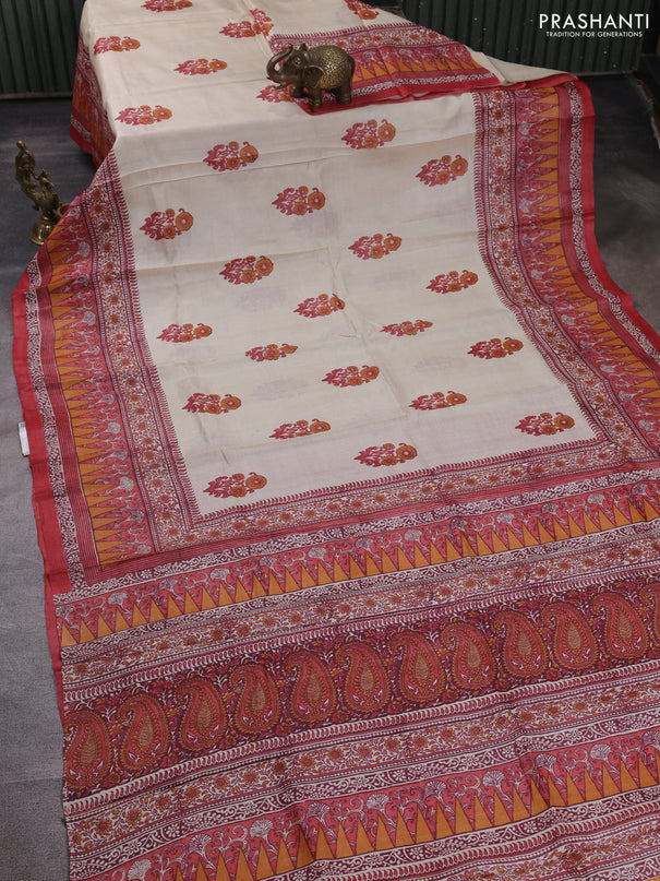 Pure tussar silk saree cream and red with floral butta block prints and long blocked printed border