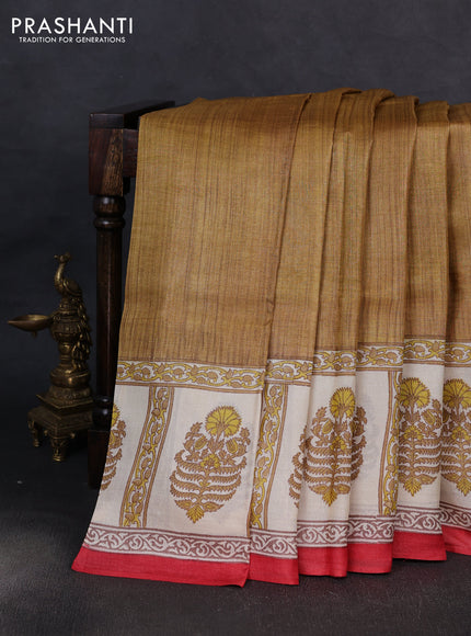 Pure tussar silk saree dark mustard and cream red with plain body and blocked printed border