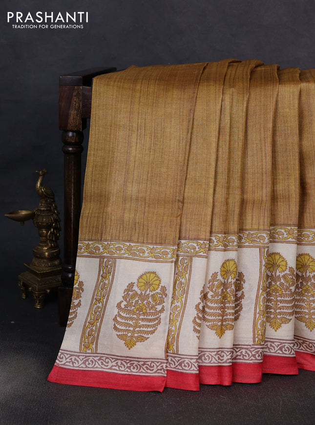 Pure tussar silk saree dark mustard and cream red with plain body and blocked printed border