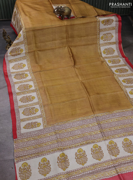 Pure tussar silk saree dark mustard and cream red with plain body and blocked printed border