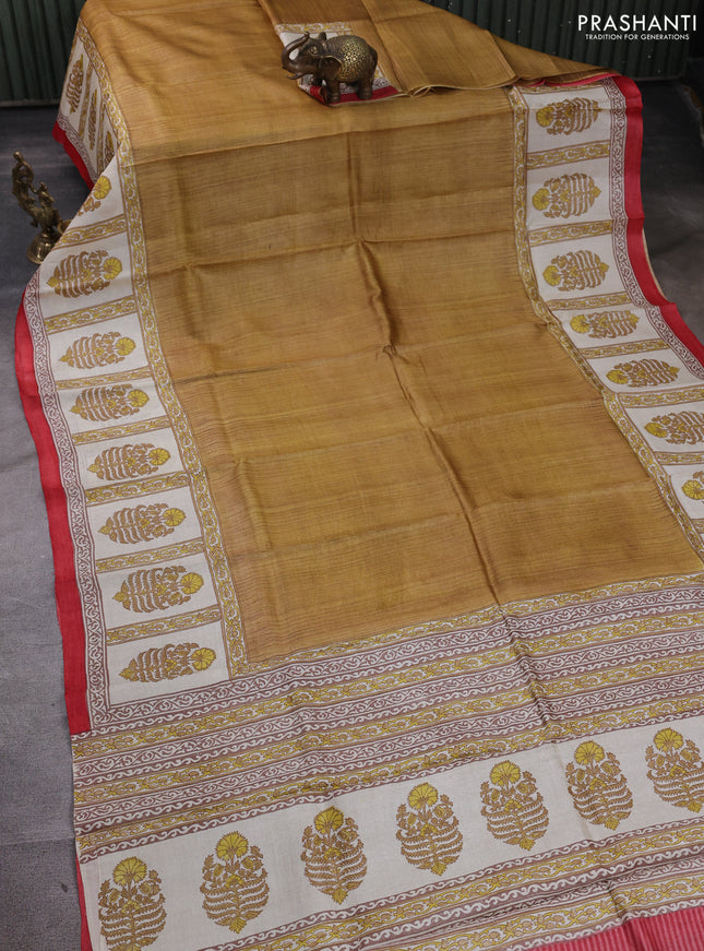 Pure tussar silk saree dark mustard and cream red with plain body and blocked printed border