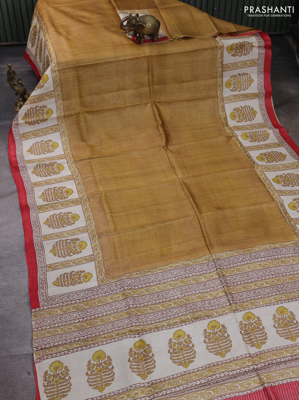 Pure tussar silk saree dark mustard and cream red with plain body and blocked printed border
