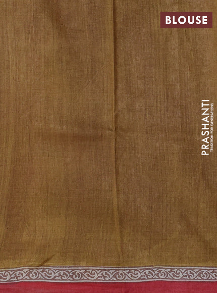 Pure tussar silk saree dark mustard and cream red with plain body and blocked printed border