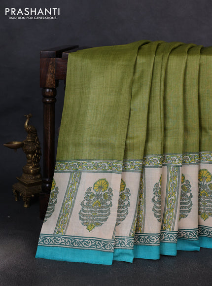 Pure tussar silk saree light green and cream teal blue with plain body and blocked printed border