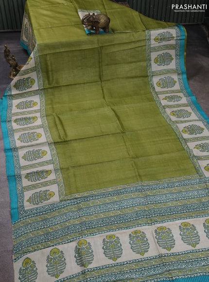 Pure tussar silk saree light green and cream teal blue with plain body and blocked printed border
