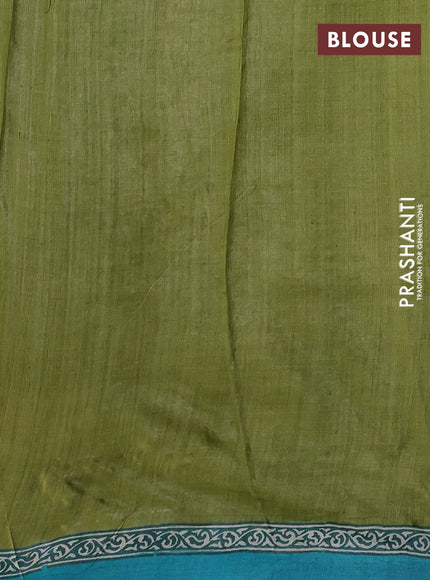 Pure tussar silk saree light green and cream teal blue with plain body and blocked printed border